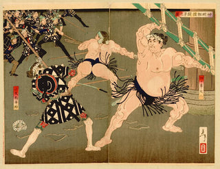 Yotsuguruma Daihachi and Kotengu Heisuke duelling during the battle between firemen and sumo wrestlers at the Shinmei shrine in Shiba in 1805