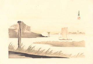 Boote und Torii, der Berg Fuji in der Ferne