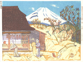 De berg Fuji en een boerderij