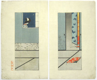Diptych of an interior, with a girl looking at the moon