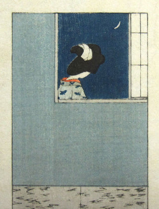 Diptych of an interior, with a girl looking at the moon