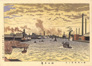 Avondzicht op de riviermonding in Osaka