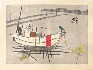 bateau de pêche et oiseau vert