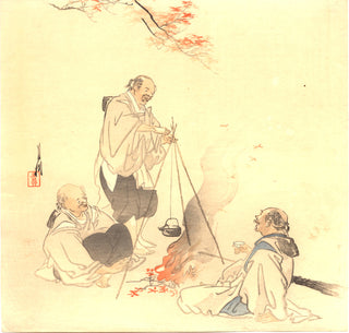 Three men sitting by a fire