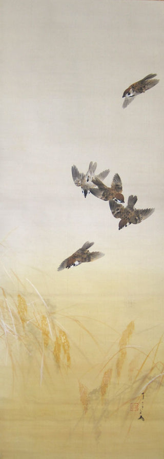 A group of sparrows in an autumn ricefield