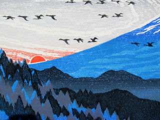 Blauer Fuji und fliegende Gänse