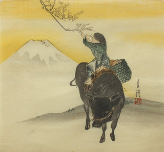 Boy on ox, with Mt Fuji in the background