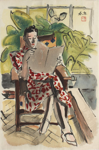 Zittende vrouw in zomerjurk