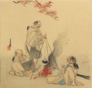 Three men sitting by a fire